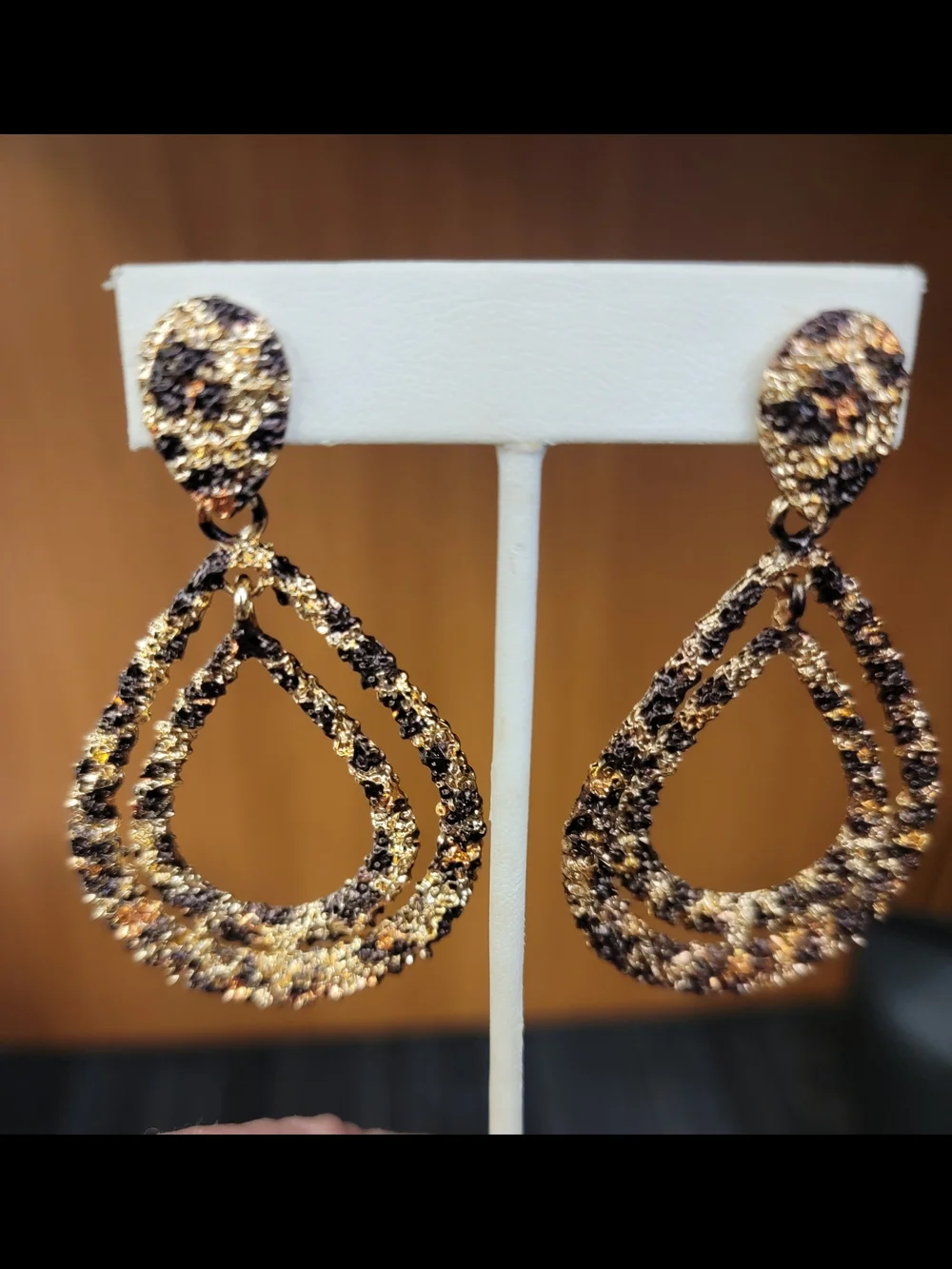 Fashion Jewelry Gold and Black Leopard Teardrop Dangle Earrings - Picture 2 of 2